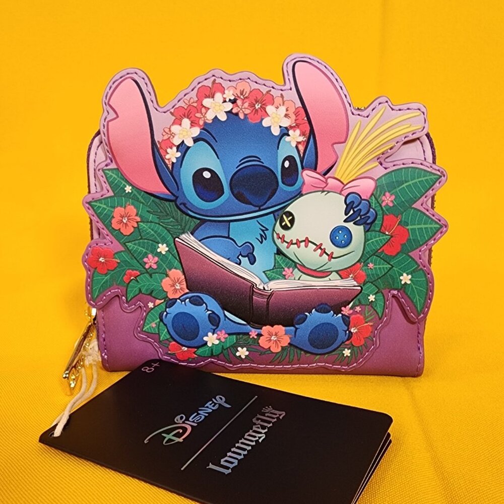 Loungefly Disney Lilo & Stitch Scrump & Stitch Reading Floral Purple Zip Wallet